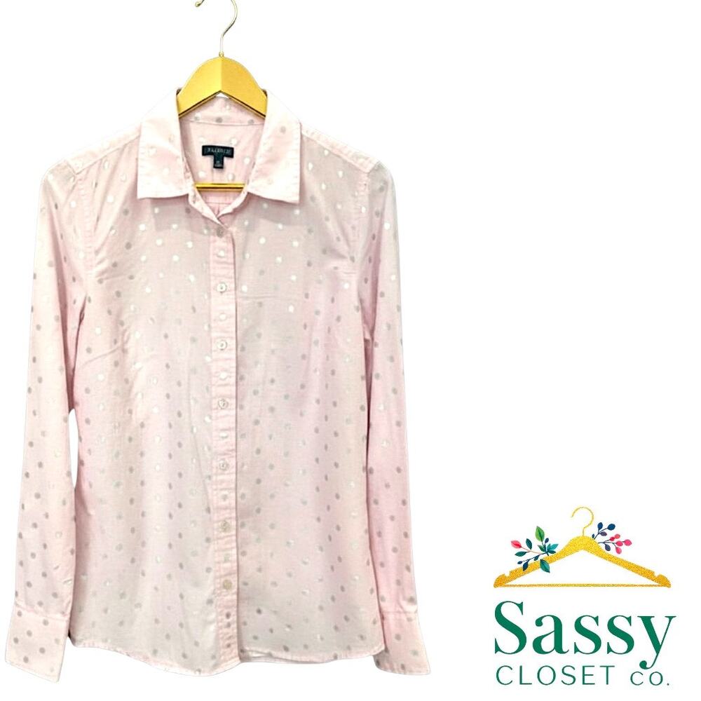 ✨Talbots Pink Silver Polka Dot Cotton Button Down Shirt Size S EUC🩷